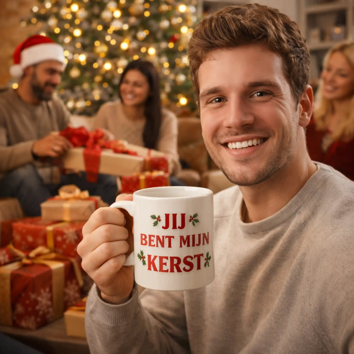 Persoonlijke koffiemok met tekst “Jij bent mijn Kerst”, uniek en betekenisvol kerstcadeau met eigen boodschap, perfect voor geliefden.