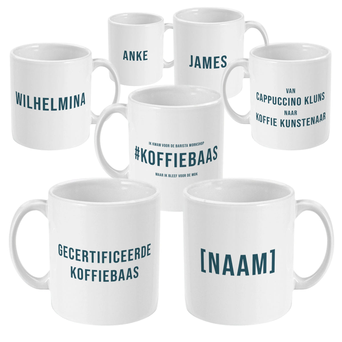 Maak je eigen persoonlijke koffie mok met naam en grappige koffie tekst als workshop souvenir.