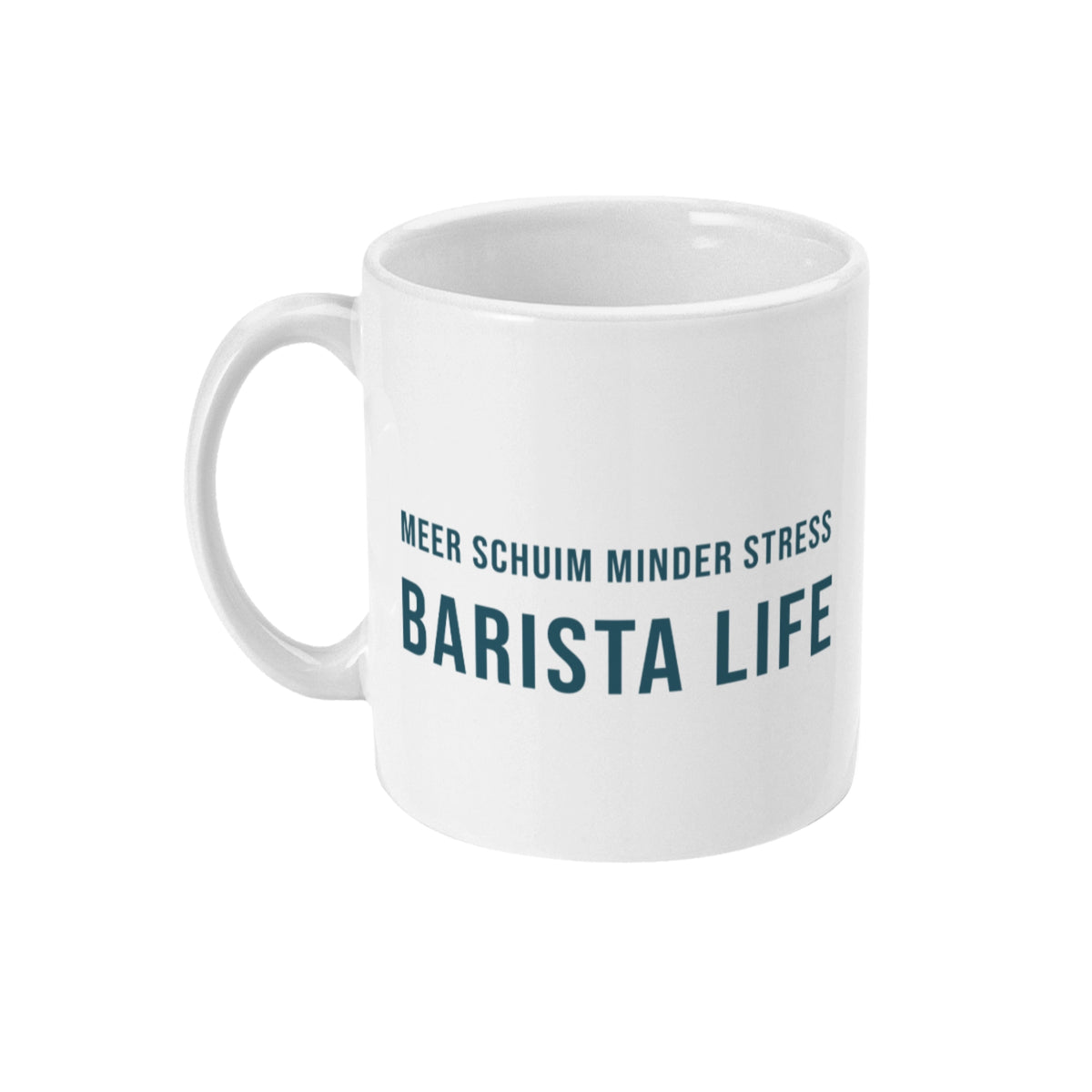 Persoonlijke koffie mok met naam en tekst meer schuim minder stress barista life