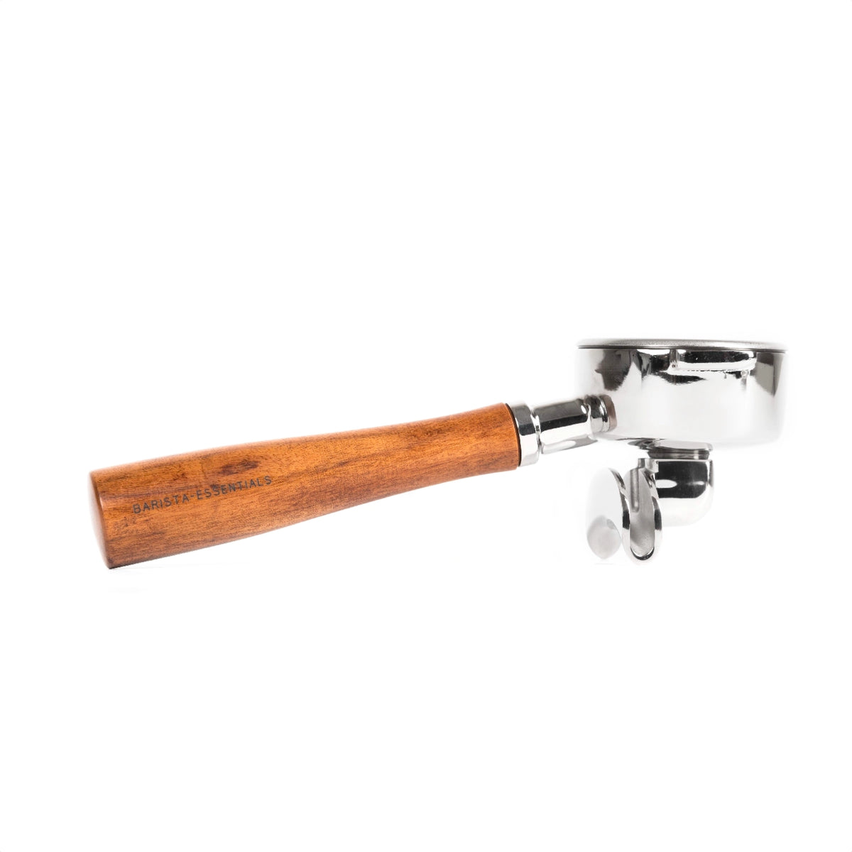 Portafilter dubbele uitloop 58 mm E61 hout: losse filterdrager op een witte achtergrond
