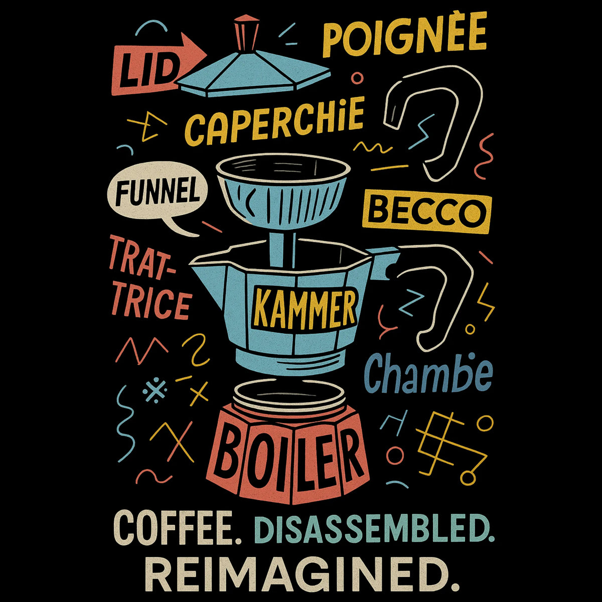 Speels postmodern design met uit elkaar gehaalde mokkapot, meertalige labels en felle typografie – creatieve koffieprint voor espresso-denkers en ontwerpers.
