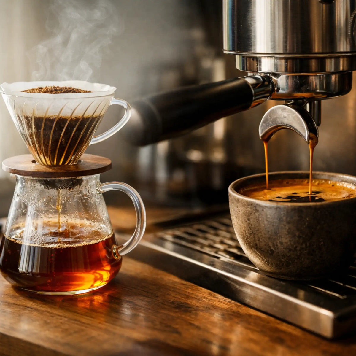 Vergelijking tussen pour over filterkoffie met lichte extractie en espresso uit een espressomachine met volle body en crema