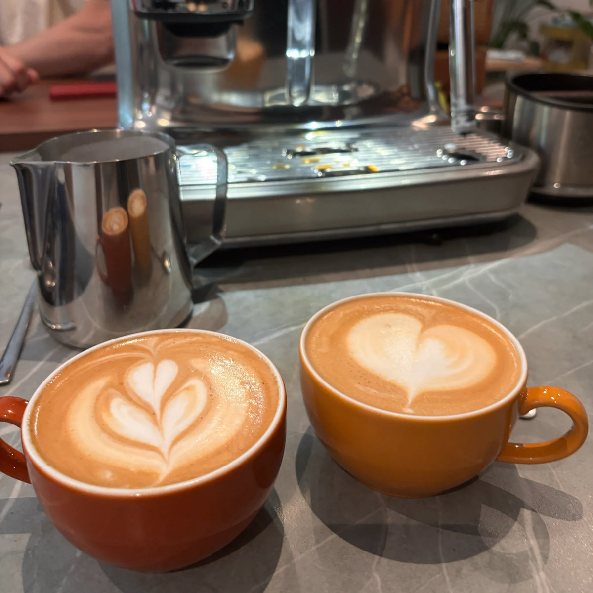 Twee cappuccino’s met latte art tijdens een privé barista workshop aan huis op de eigen espressomachine.