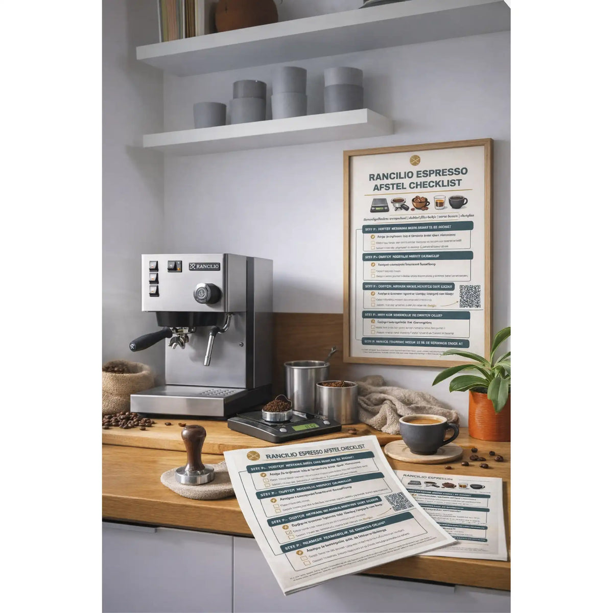 Rancilio espressomachine op houten keukenblad met ingelijste espresso afstel checklist aan de muur en uitgeprinte checklist naast weegschaal, tamper en espresso kopje.