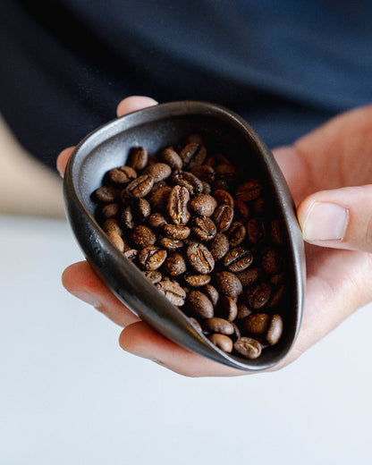 Hand houdt een zwart bakje met hele koffiebonen