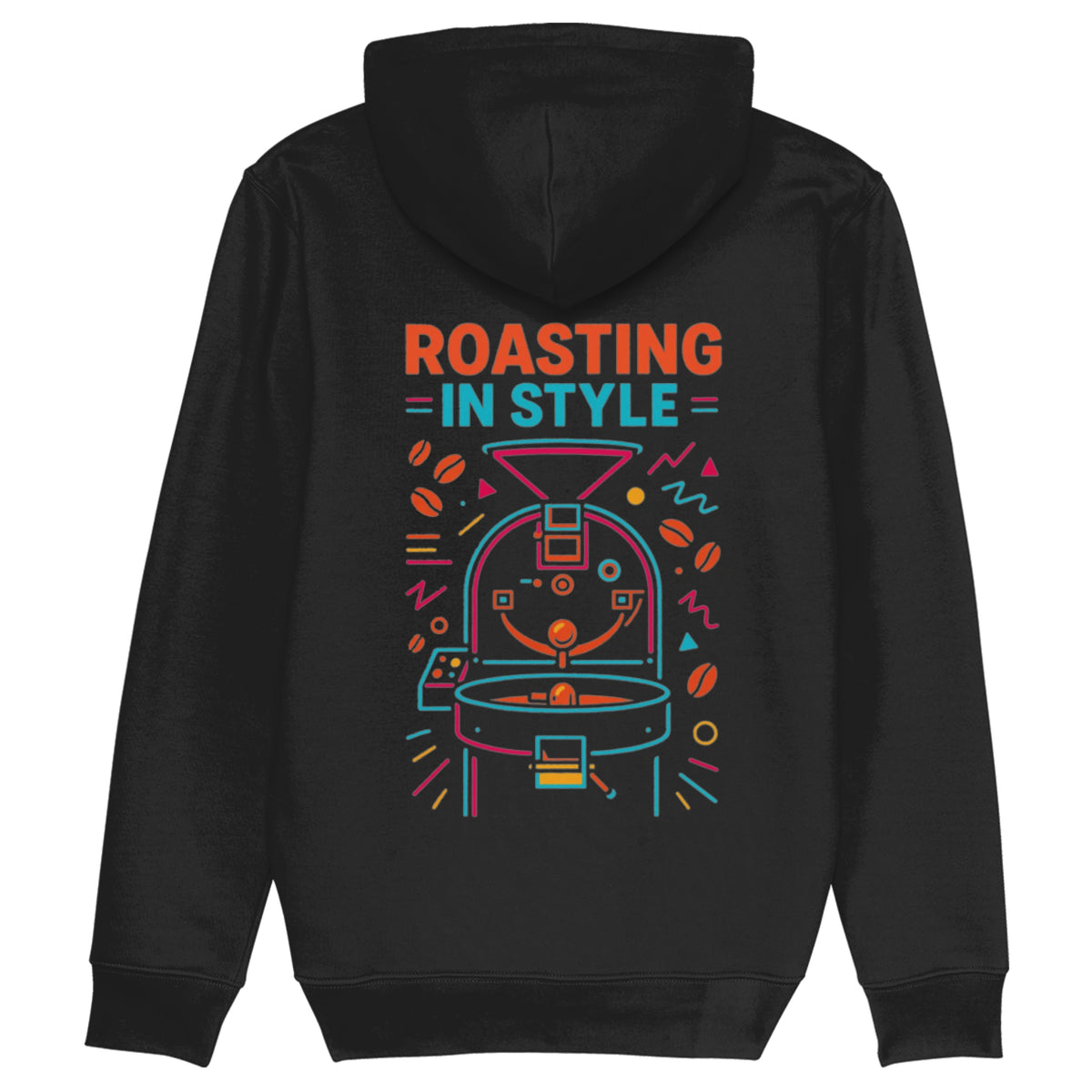 Zwarte hoodie met kleurrijke abstracte koffiebrander en tekst ‘Roasting In Style’ – duurzame specialty coffee hoodie voor koffiebranders en koffieliefhebbers.