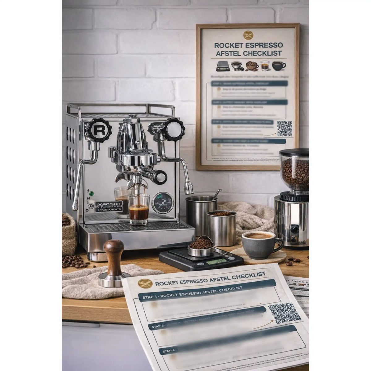 Rocket Appartamento espressomachine op houten keukenblad met ingelijste espresso afstel checklist aan de muur en uitgeprinte checklist naast koffiemolen en vers gezette espresso.