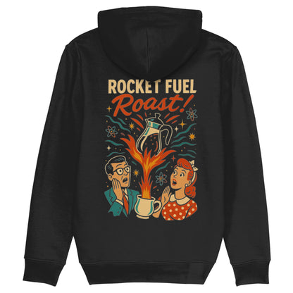 Zwarte hoodie met retro sci-fi koffieprint en de tekst ‘Rocket Fuel Roast!’ – explosieve mokkapot in vintage comicstijl, voor barista’s en koffiefans.