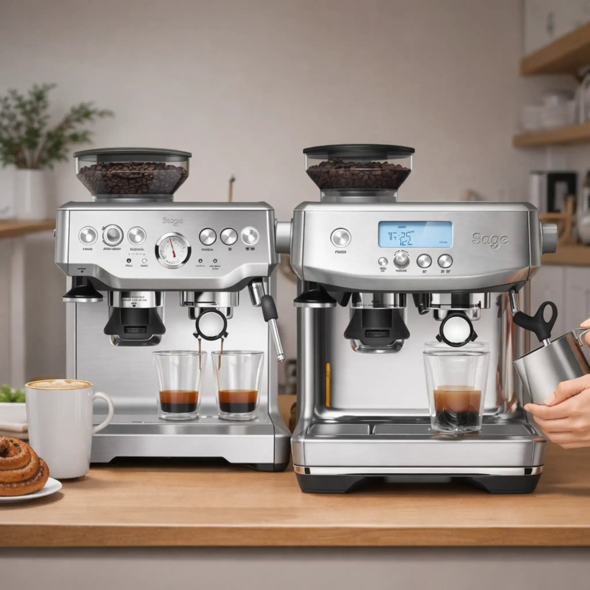 Praktijkvergelijking van Sage Barista Express en Sage Barista Pro tijdens espresso zetten en melk opschuimen, met zicht op verschillen in gebruiksgemak.