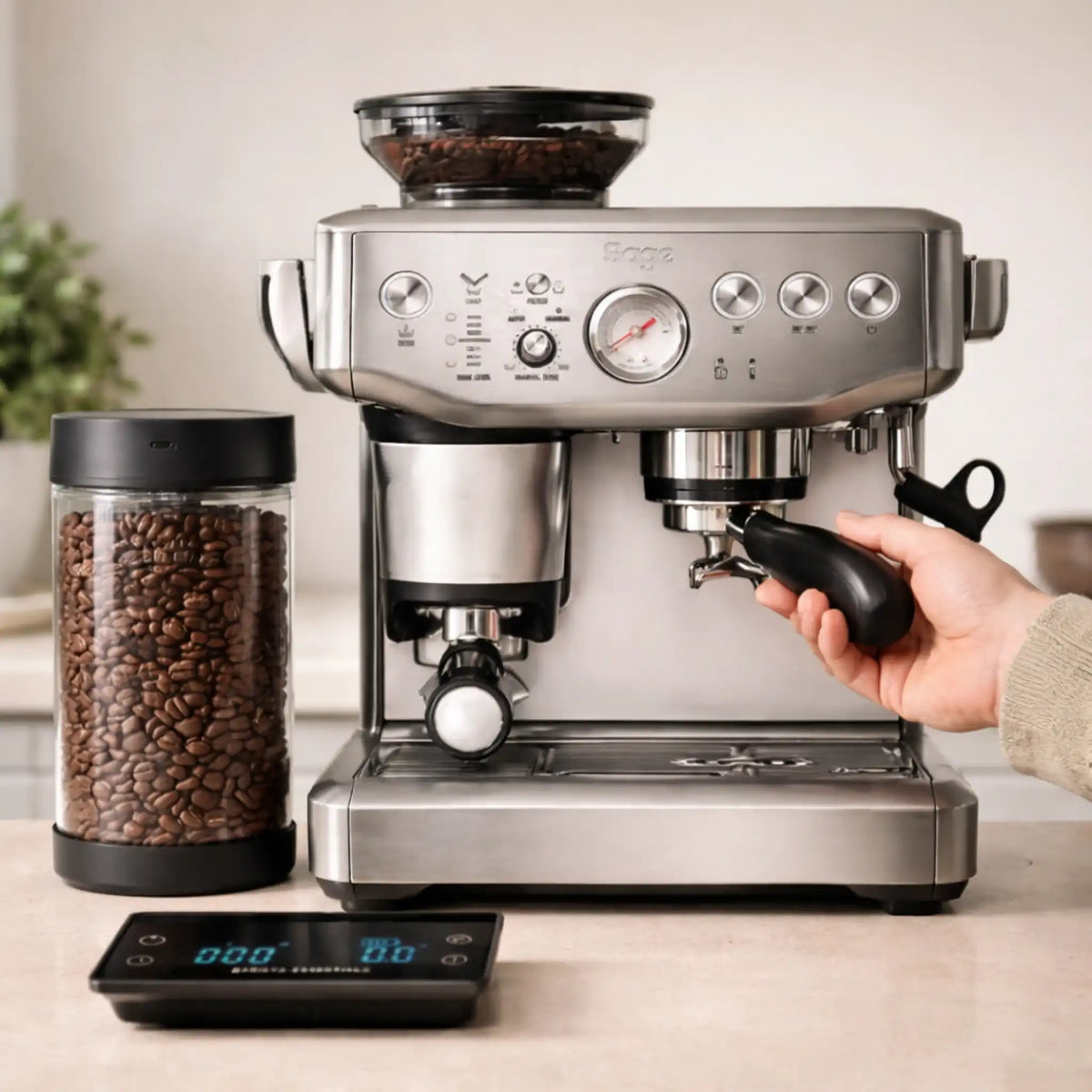 Sage espressomachine met weegschaal en verse koffiebonen tijdens een privé barista workshop, gericht op techniek, instelling en thuisgebruik.