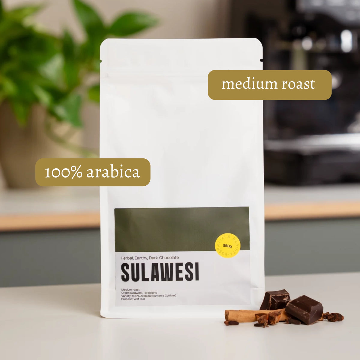 Zakje Sulawesi Indonesië koffie met USP’s: 100% Arabica en medium roast.