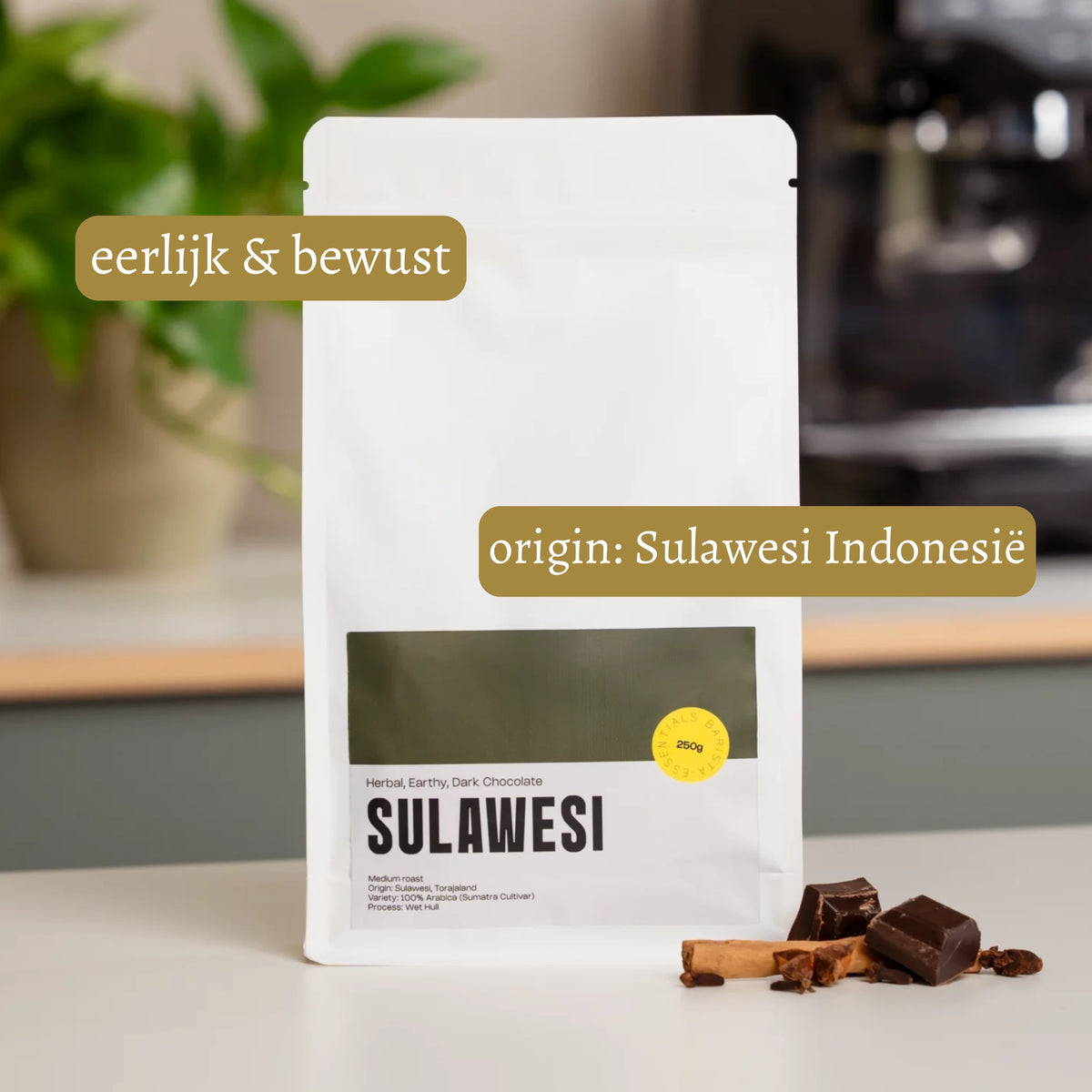 Zakje Sulawesi Indonesië koffie met USP’s: eerlijk en bewust geteeld, herkomst Sulawesi.