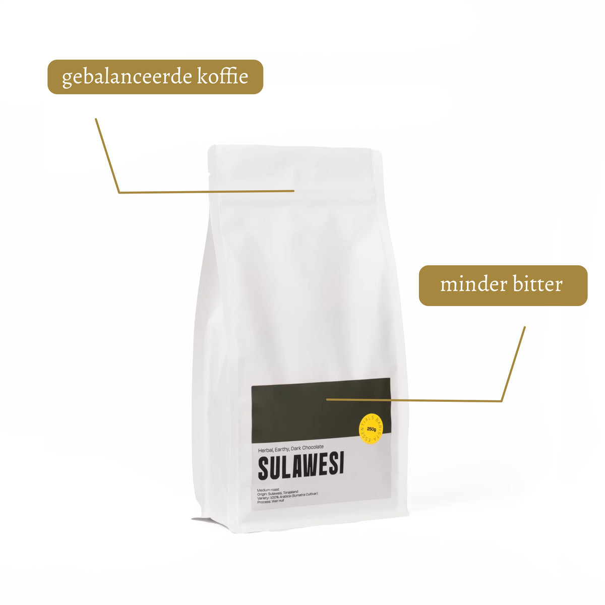Zakje Sulawesi Indonesië koffie met USP’s: gebalanceerde koffie en minder bitter.
