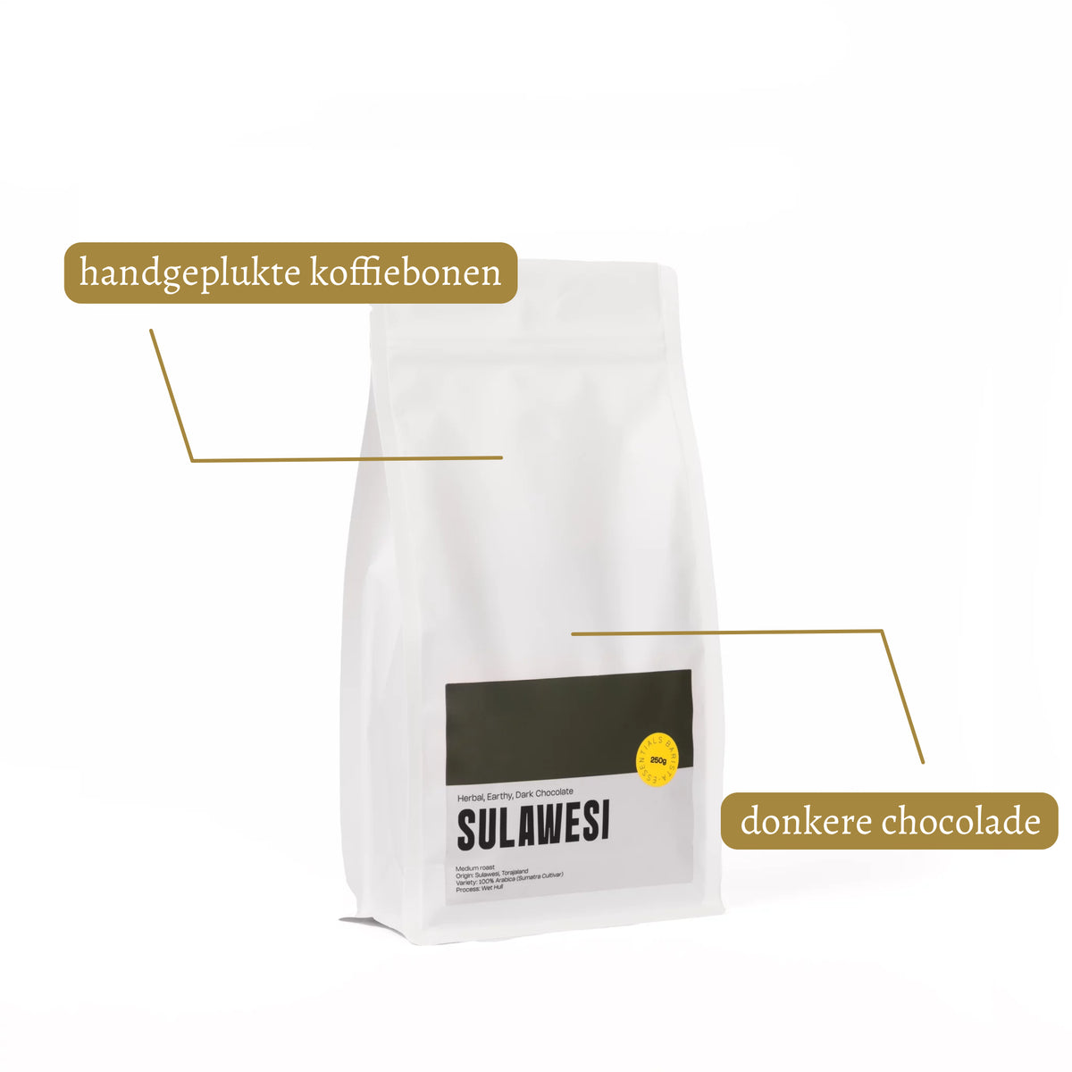 Zakje Sulawesi Indonesië koffie met USP’s: hand geplukt en tonen van donkere chocolade.
