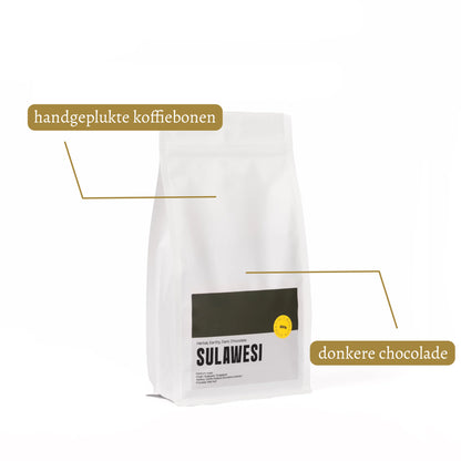 Zakje Sulawesi Indonesië koffie met USP’s: hand geplukt en tonen van donkere chocolade.