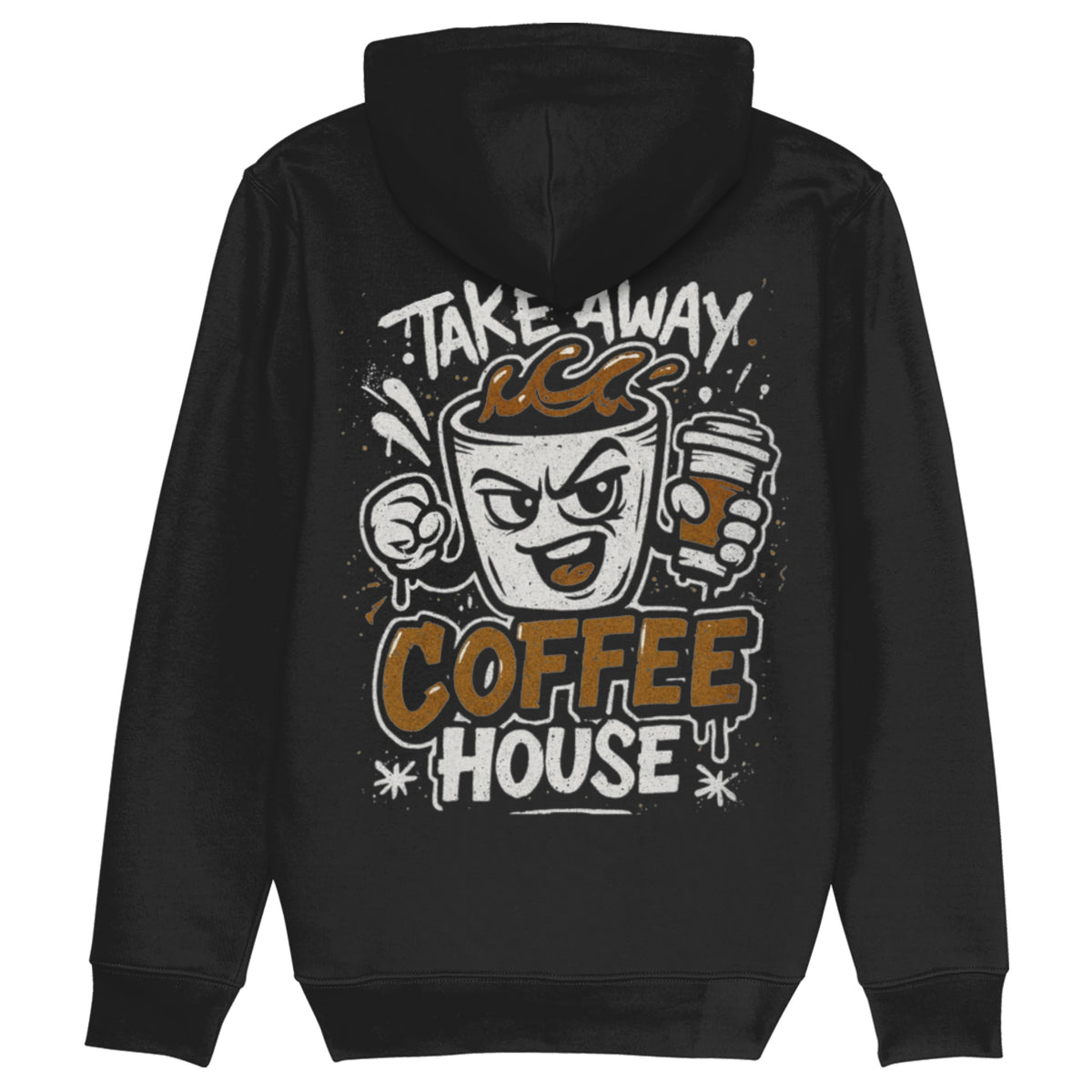 Zwarte hoodie van biologisch katoen met cartoon koffieprint en de tekst ‘Take Away Coffee House’ – urban stijl voor barista’s, koffie crews en koffiefans.