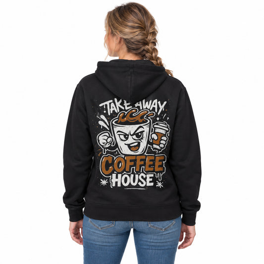 Take Away Coffee House zwarte Cruiser 2.0 hoodie met rugprint, gedragen op witte achtergrond.