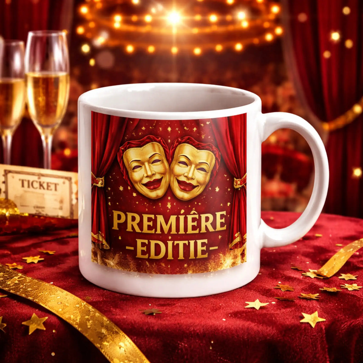 Theater merchandise mok als première-editie, gepersonaliseerd voor voorstellingen, culturele events en exclusieve campagnes.