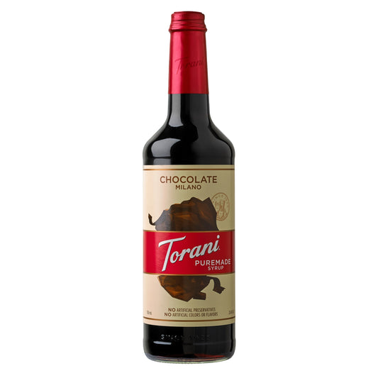Fles Torani Chocolate Milano siroop 750ml voor de thuis barista.