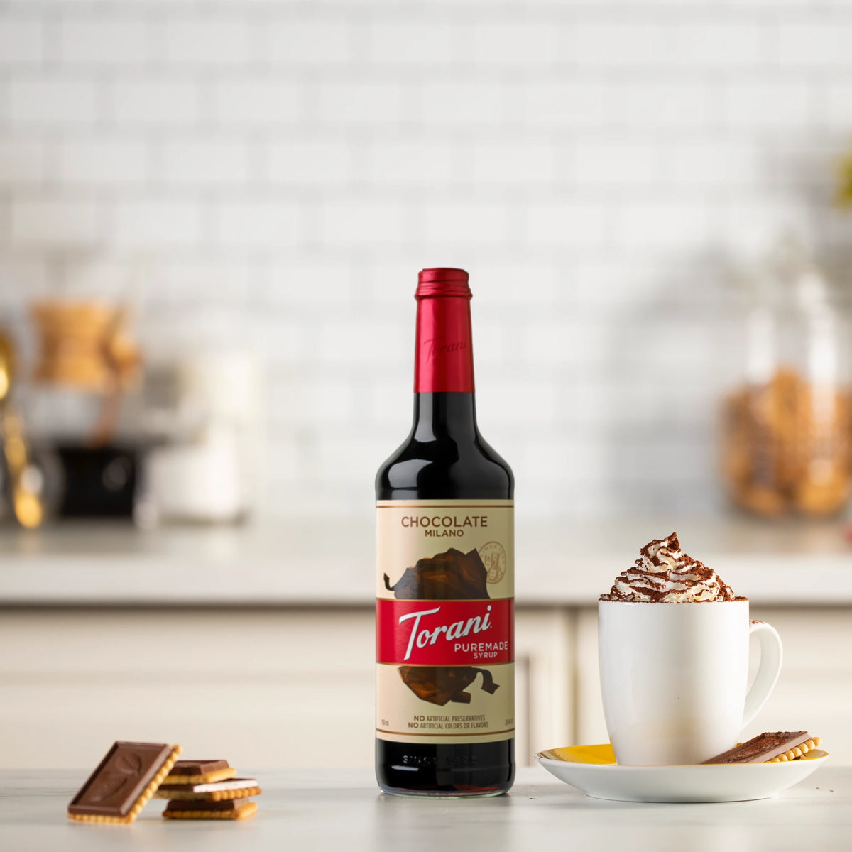 Perfecte cappuccino met Torani Milano chocoladesiroop.