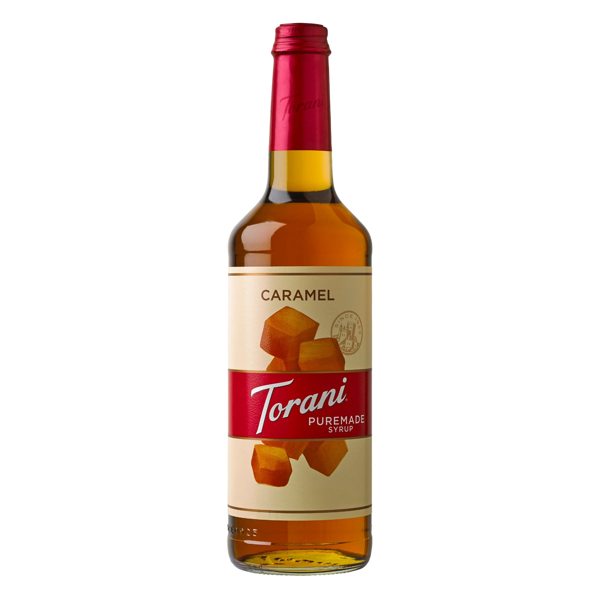 Fles Torani Puremade Caramel Koffiesiroop 750ml voor koffie en desserts.