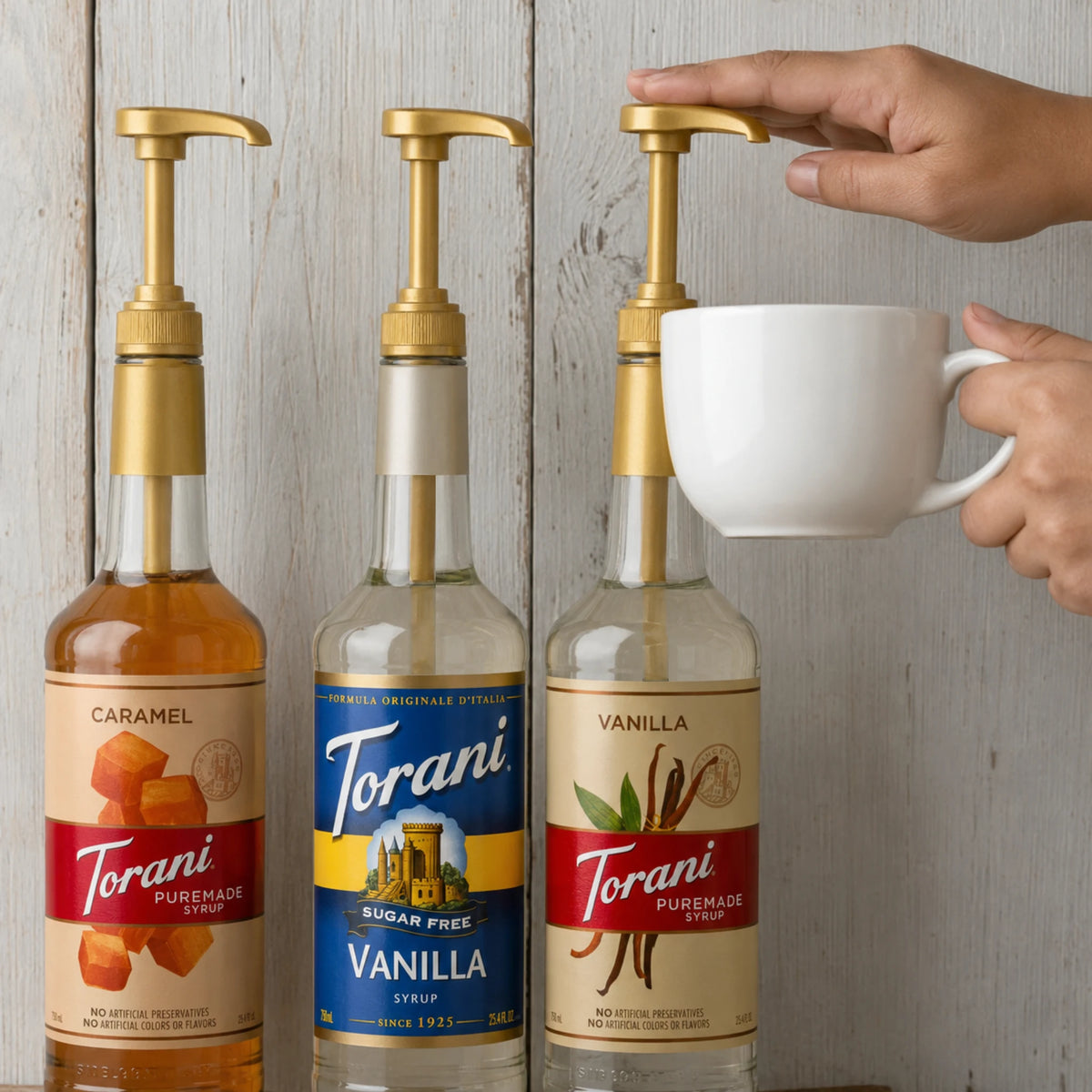 Torani suikervrije vanillesiroop met pomp voor eenvoudige dosering – ideaal voor bewuste koffieliefhebbers en barista’s die suikervrij willen schenken