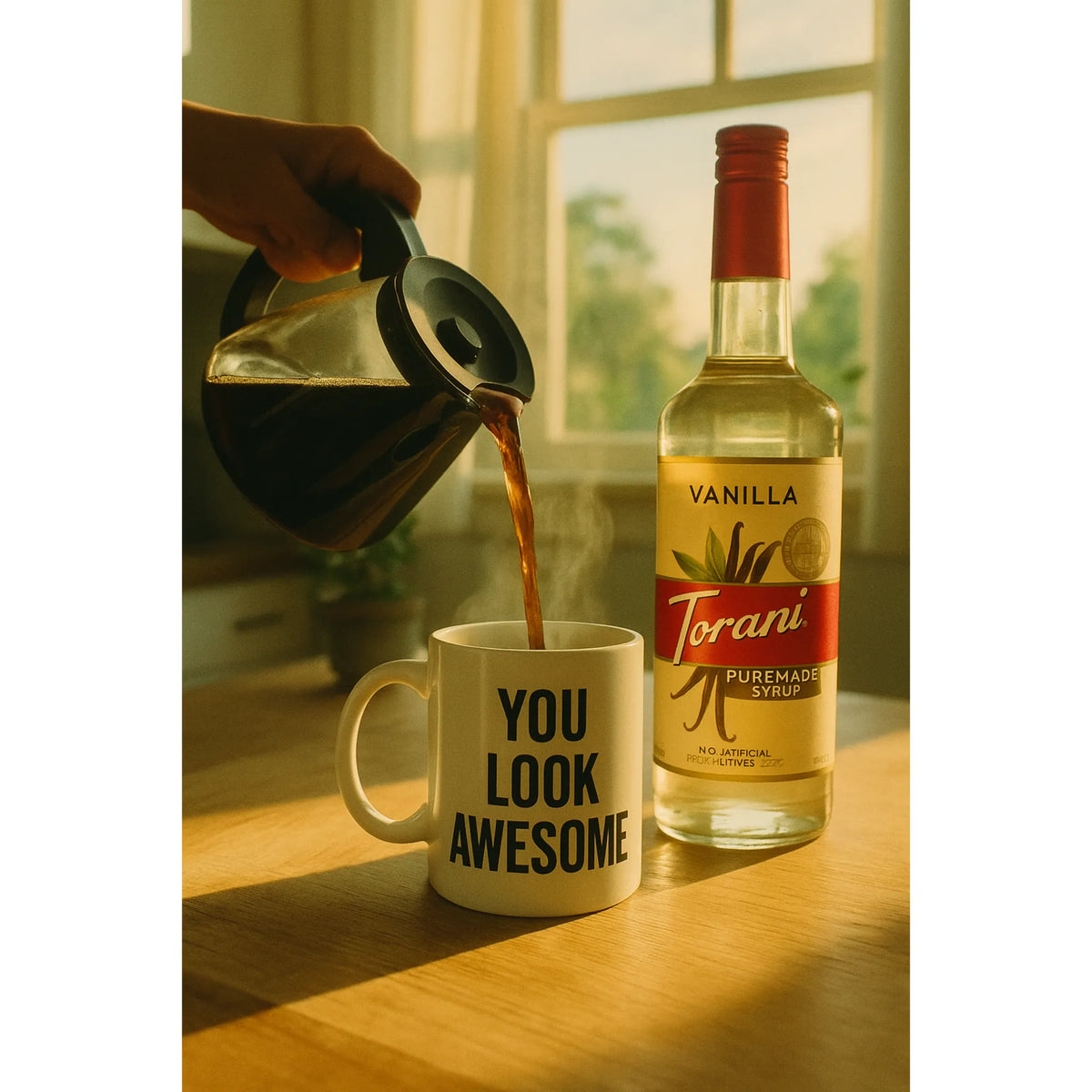 Stijlvol koffiemoment met Torani vanillesiroop en mok met opdruk 'You Look Awesome' – perfect cadeau voor koffieliefhebbers en ochtendboost