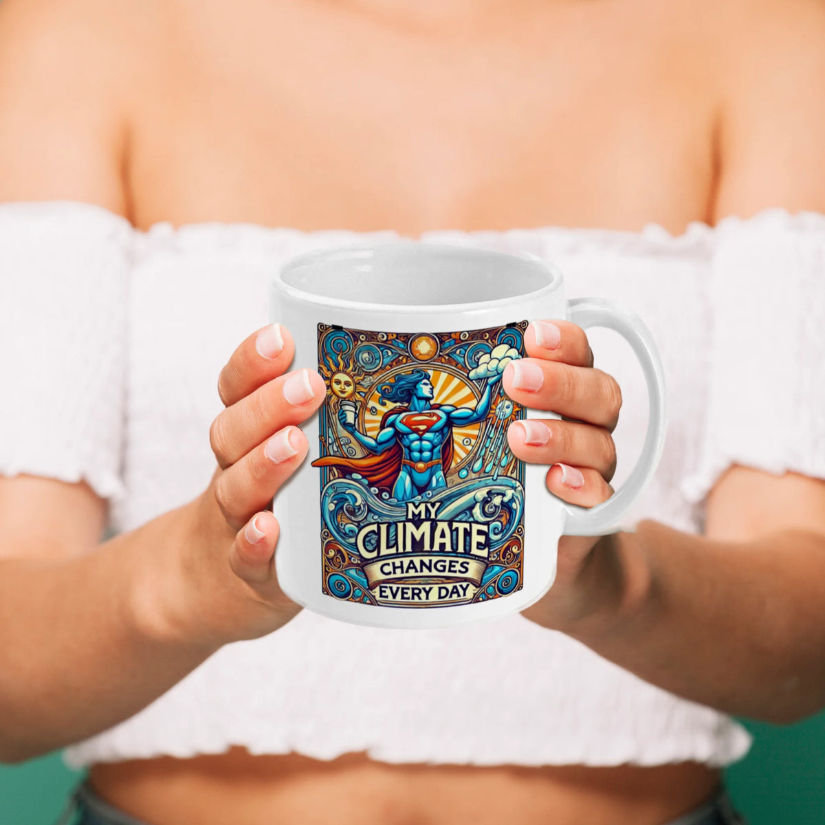 Witte koffiemok met Art Nouveau illustraties van klimaat en weer.