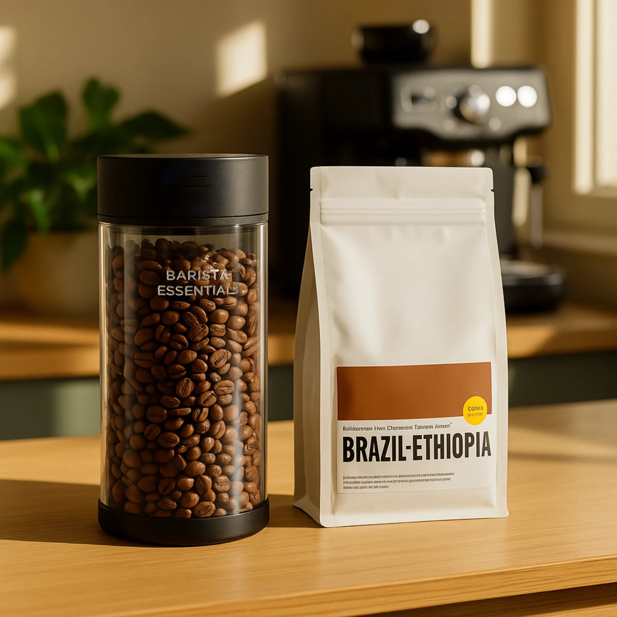 Glazen Pro-vacuümbus met koffiebonen naast een koffiezak