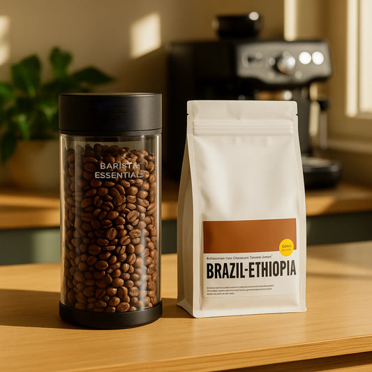 Glazen Pro-vacuümbus met koffiebonen naast een koffiezak