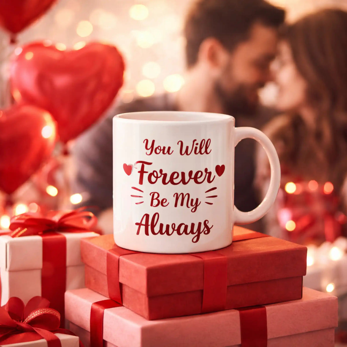 Valentijnsmok met liefdesquote gepresenteerd als cadeau, romantische sfeer met hartjes en cadeaus