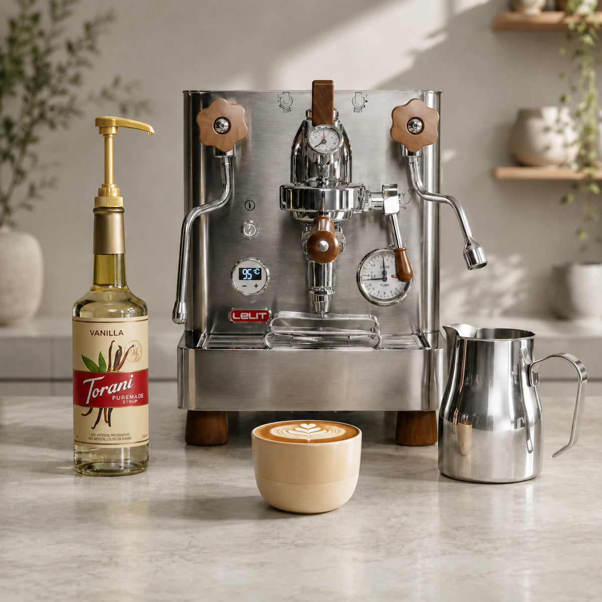 Warme vanille cappuccino met espresso, melkschuim en Torani vanille koffiesiroop.