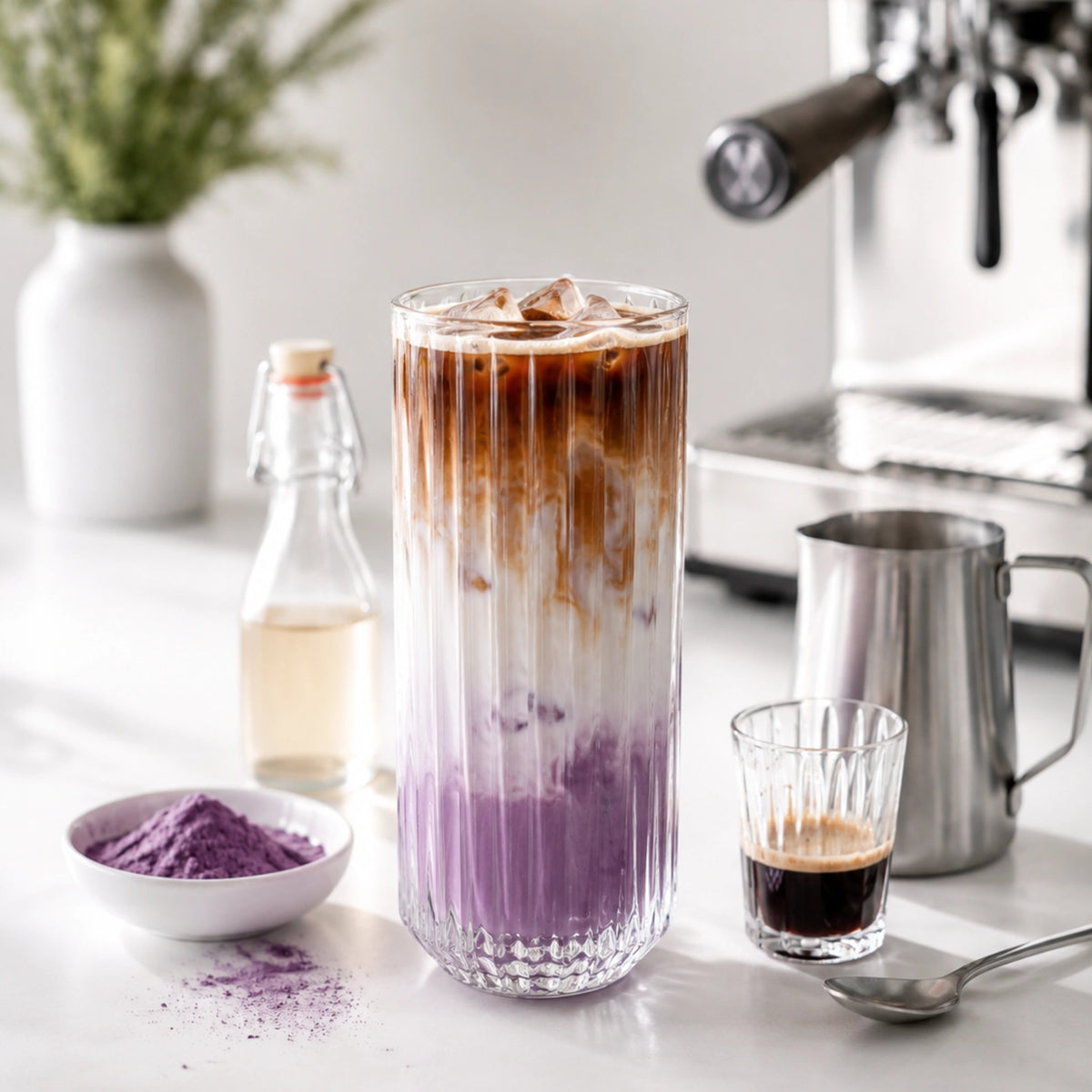 Transparant glas met gelaagde Iced Dirty Ube Latte, verse espresso en herkenbare halfautomatische espressomachine op de achtergrond.