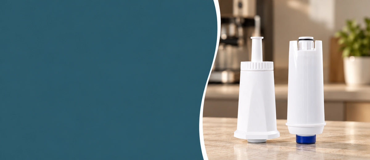 Twee waterfilterpatronen met verschillende aansluitingen naast een espressomachine