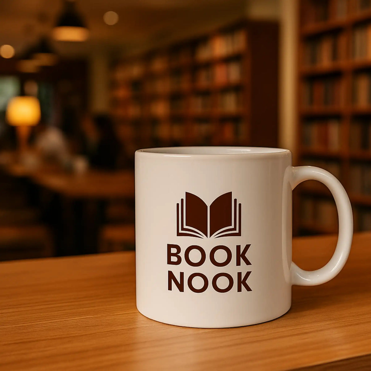 Witte koffiemok met ‘Book Nook’ logo op een houten tafel in een warm verlicht boekencafé met boekenplanken op de achtergrond
