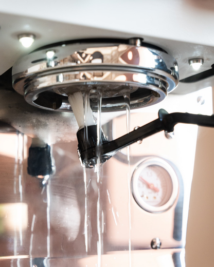Zetgroepborstel wordt gebruikt bij de onderzijde van een espressomachine