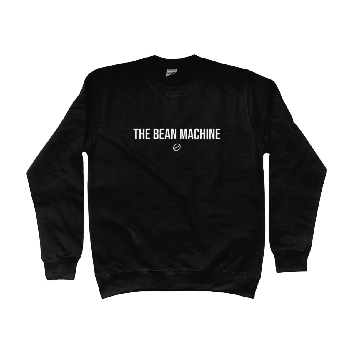 Zwarte barista trui met de tekst 'The Bean Machine' op de borst – stijlvolle sweater voor koffieliefhebbers en professionele barista's.